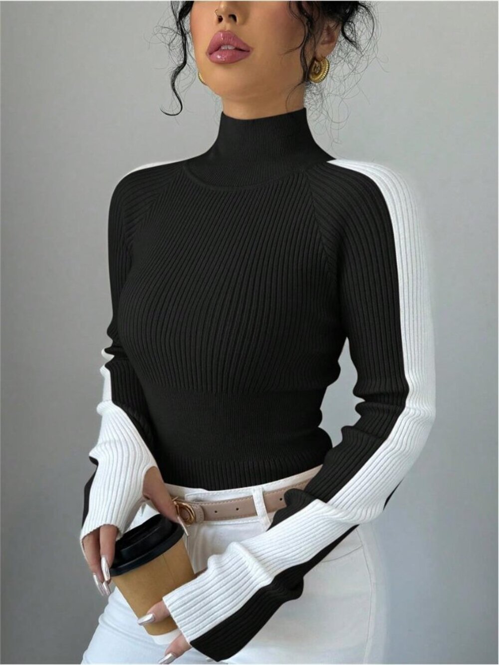 Casual Minimalist Color Block Stand Collar Slim Fit Sweater, Autumn/Winter